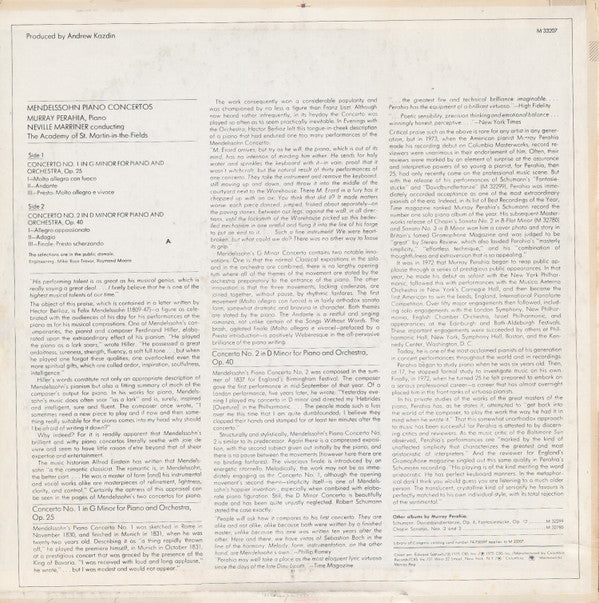Murray Perahia - Piano Concertos (No. 1 In G Minor, Op. 25 / No. 2 In D Minor, Op. 40) | Near Mint (NM) Excellent (EX)-