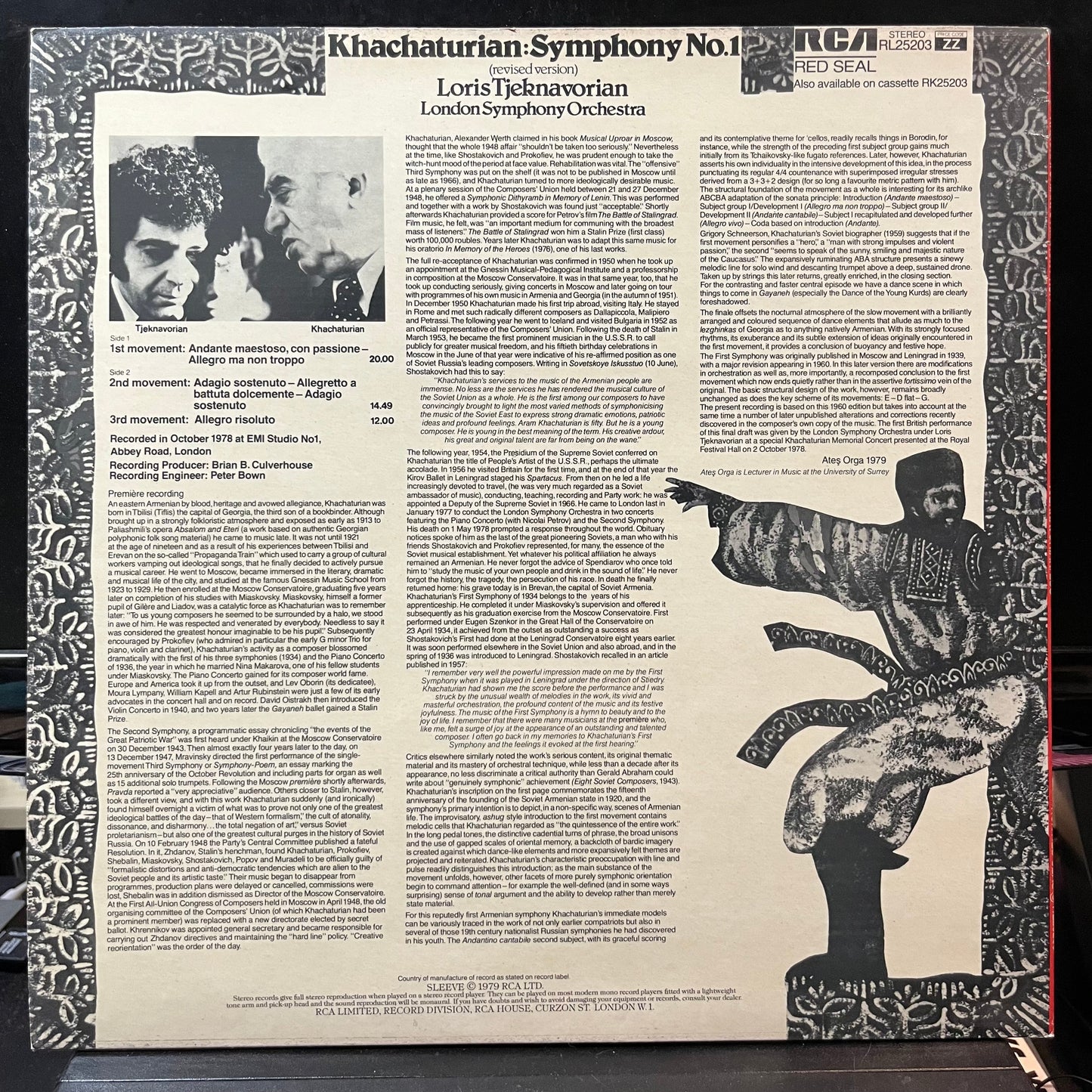 Khachaturian* - Loris Tjeknavorian, London Symphon - Symphony No. 1 (Revised Version)(VINYL LP RCA RED SEAL RL25203 1979) | Near Mint (NM or M-) Near Mint (NM)-