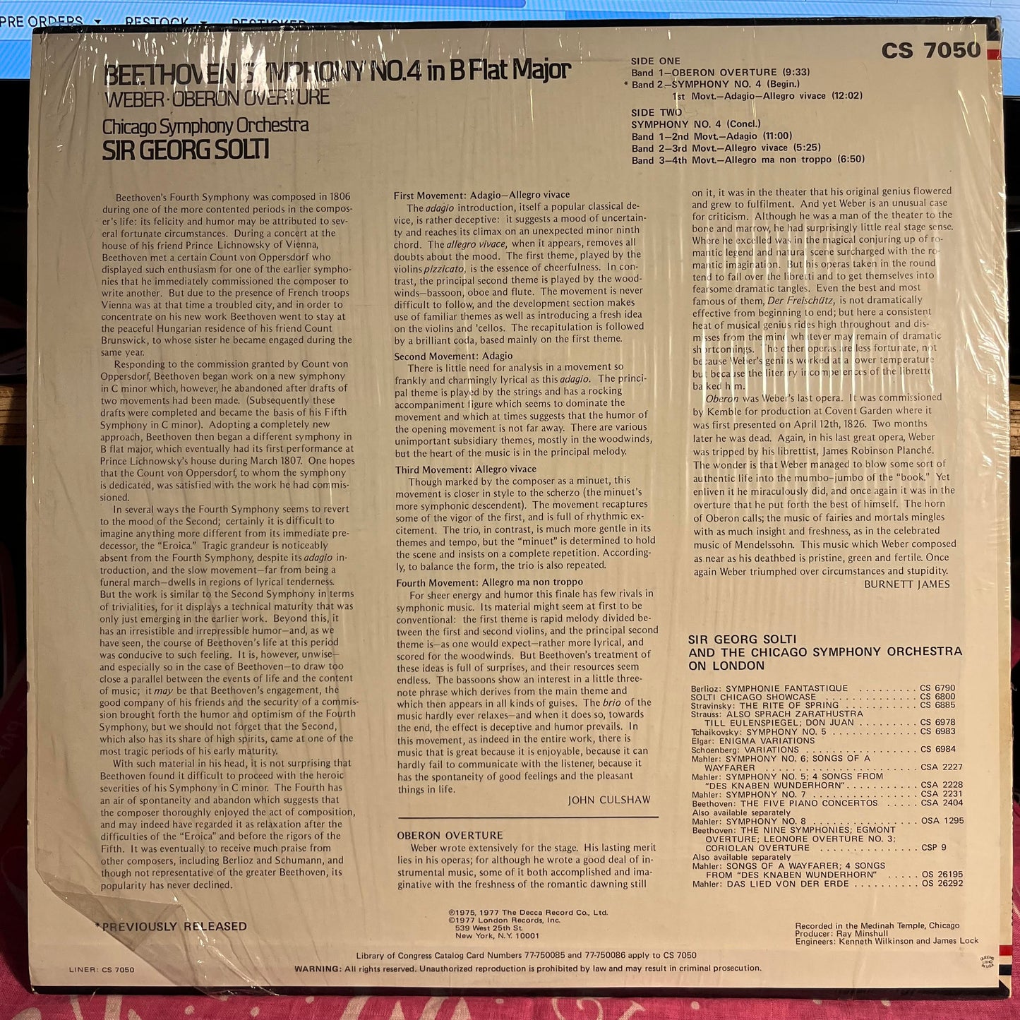 Ludwig Van Beethoven - Symphony No. 4 In B Flat Major · Oberon Overture *SHRINK* | Near Mint (NM) Near Mint (NM)-