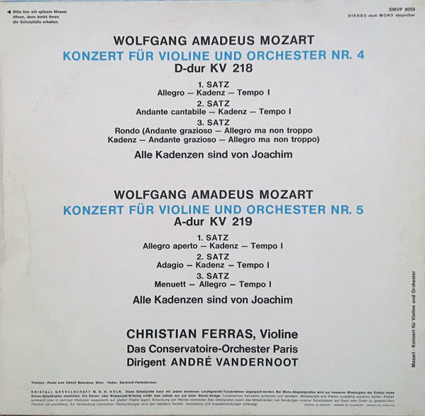 Wolfgang Amadeus Mozart - Violinkonzerte Nr. 4 D-Dur KV 218 Und Nr.5 A-Dur KV 219 *GERMANY* | Near Mint (NM) Excellent (EX)-