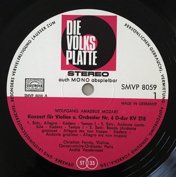 Wolfgang Amadeus Mozart - Violinkonzerte Nr. 4 D-Dur KV 218 Und Nr.5 A-Dur KV 219 *GERMANY* | Near Mint (NM) Excellent (EX)-
