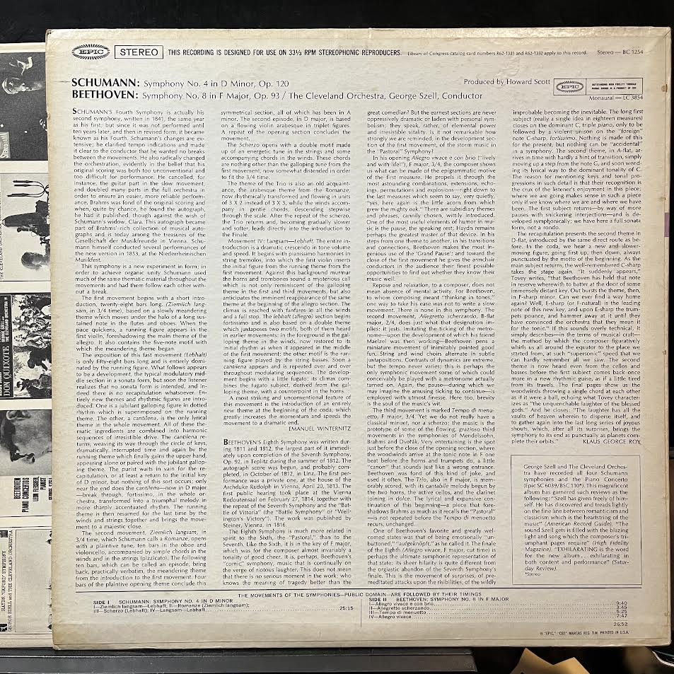 George Szell - Symphony No.4 In D Minor, Op.120 / Symphony No.8 In F Major, Op.93 (VINYL) | Near Mint (NM) Excellent+ (EX+)-