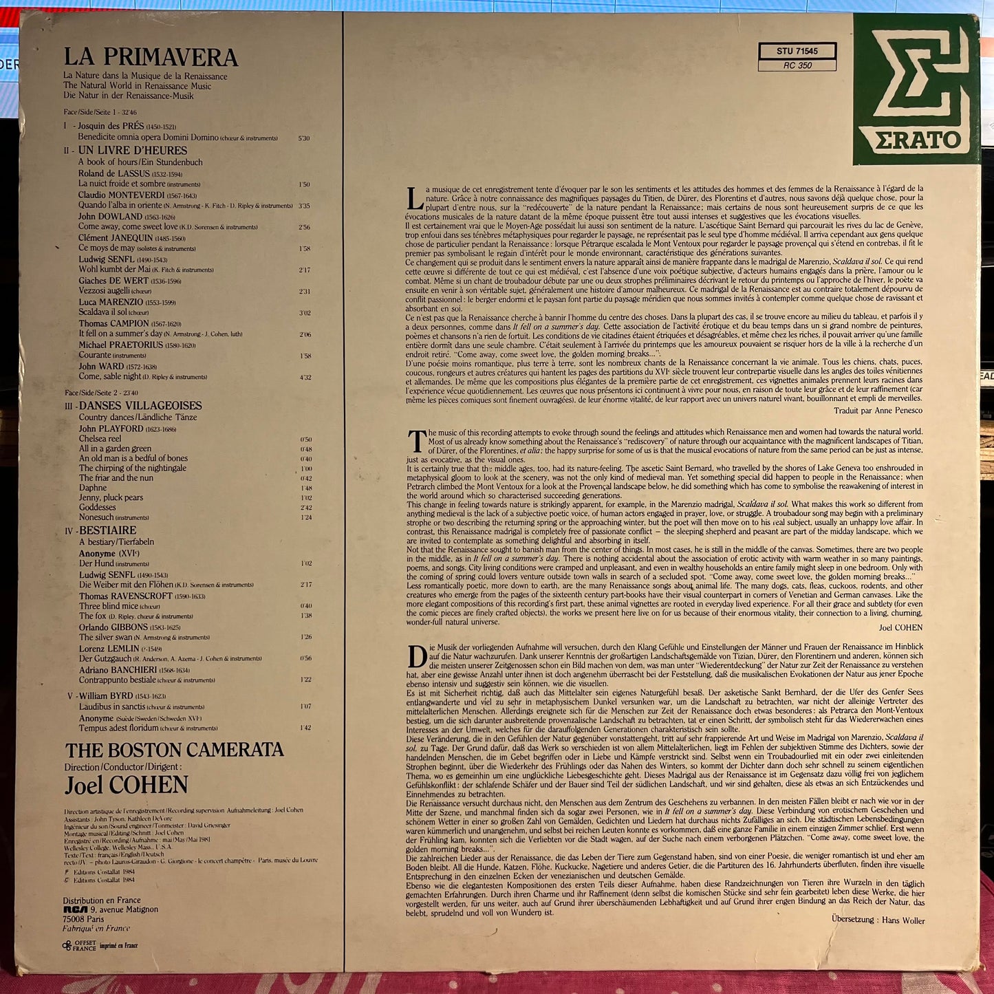 Boston Camerata - La Primavera (La Nature Dans La Musique De La Renaissance) | Near Mint (NM) Near Mint (NM)-