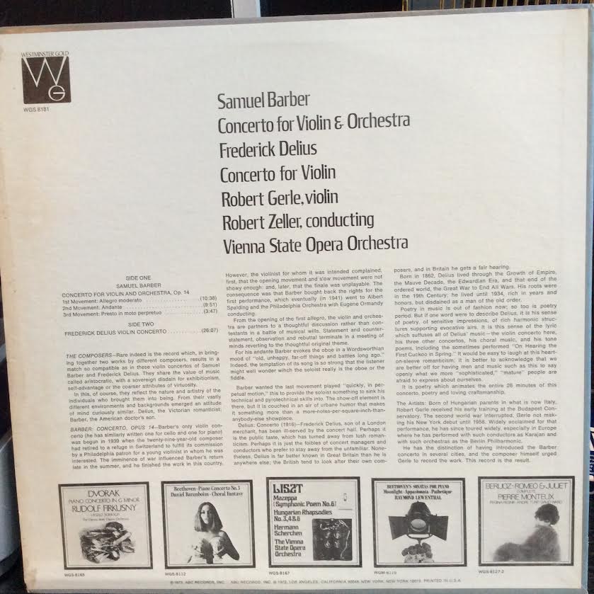 Samuel Barber / Frederick Delius : Robert Gerle, R - Concerto For Violin And Orchestra / Concerto For Violin (VINYL) | Near Mint (NM or M-) Very Good Plus (VG+)-