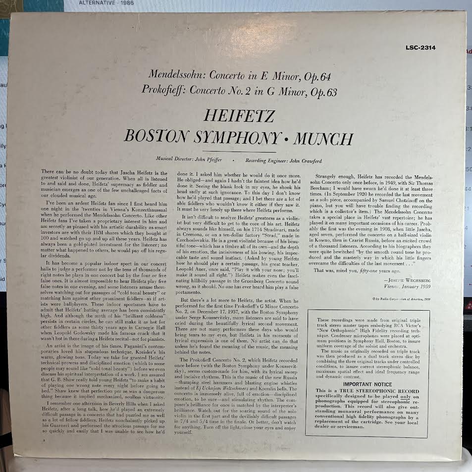 Jascha Heifetz - Concerto In E Minor / Concerto In G Minor (VINYL) | Near Mint (NM or M-) Excellent+ (EX+)-