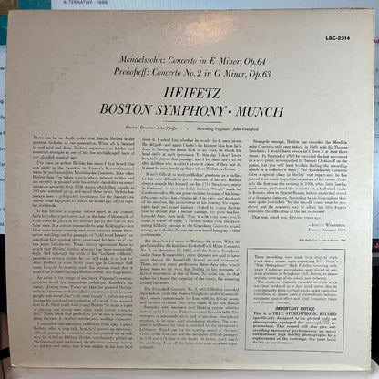 Jascha Heifetz - Concerto In E Minor / Concerto In G Minor (VINYL) | Near Mint (NM or M-) Excellent+ (EX+)-