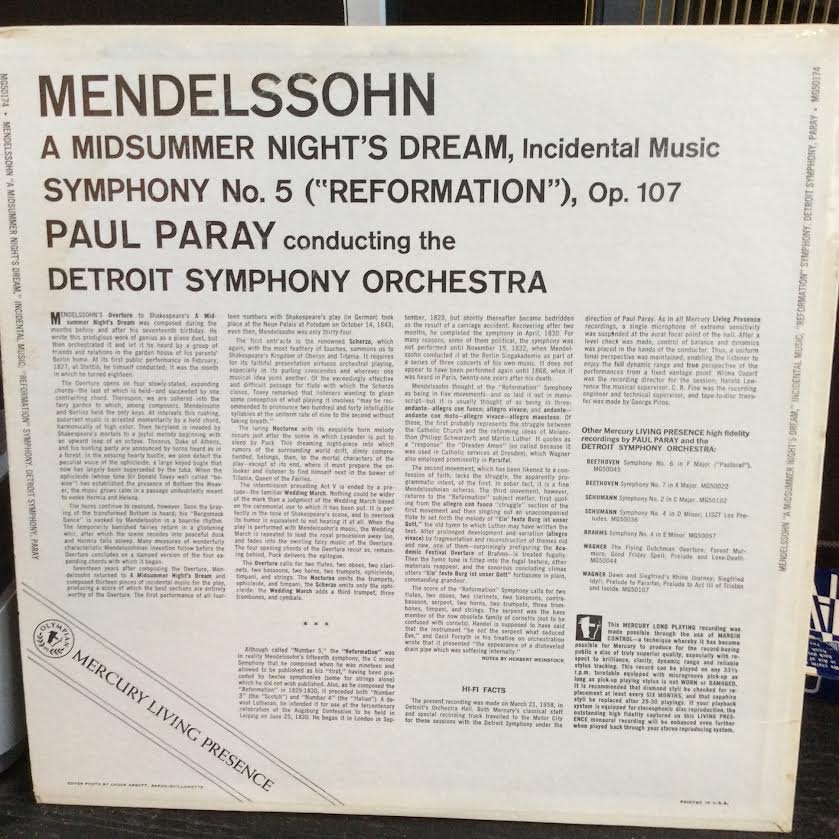Felix Mendelssohn-Bartholdy : Paul Paray, Detroit - A Midsummer Night's Dream, Incidental Music; Symphony No. 5 "Reformation" (VINYL) | Near Mint (NM or M-)-