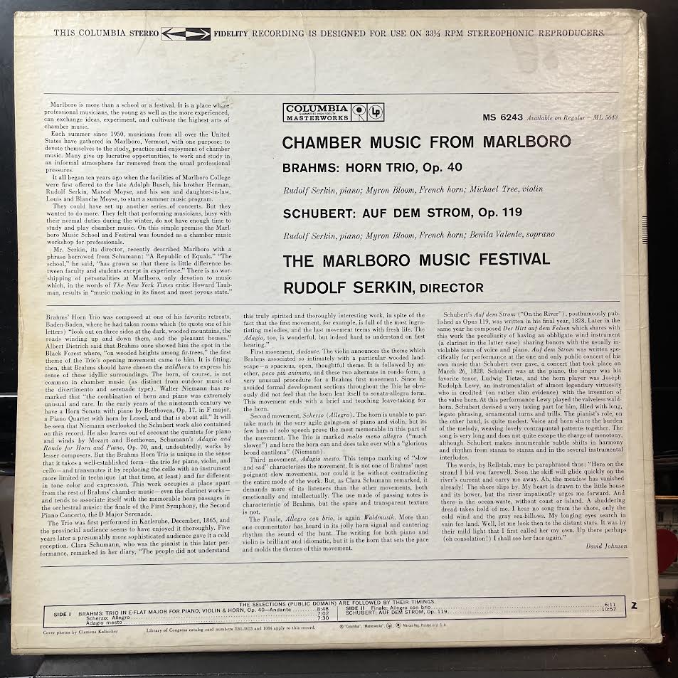 Johannes Brahms - Chamber Music From Marlboro: Horn Trio, Op. 40 / Auf Dem Strom, Op. 119 (VINYL) | Near Mint (NM or M-) Excellent+ (EX+)-