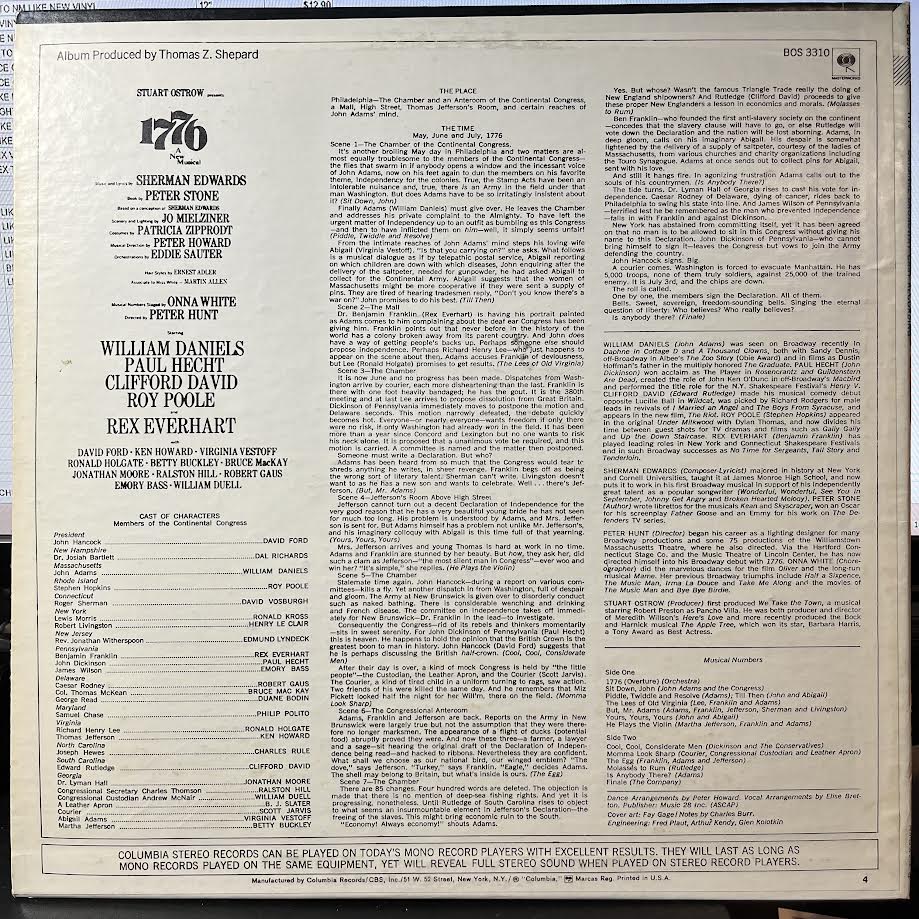 William Daniels - 1776 (A New Musical) (VINYL) | Near Mint (NM) Excellent (EX)-