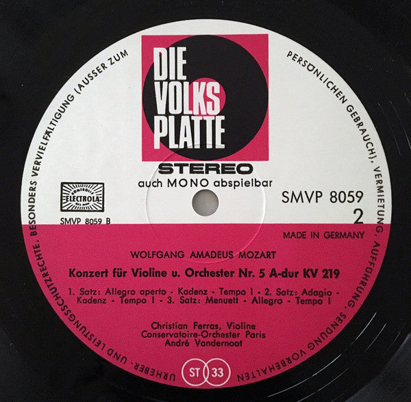 Wolfgang Amadeus Mozart - Violinkonzerte Nr. 4 D-Dur KV 218 Und Nr.5 A-Dur KV 219 *GERMANY* | Near Mint (NM) Excellent (EX)-