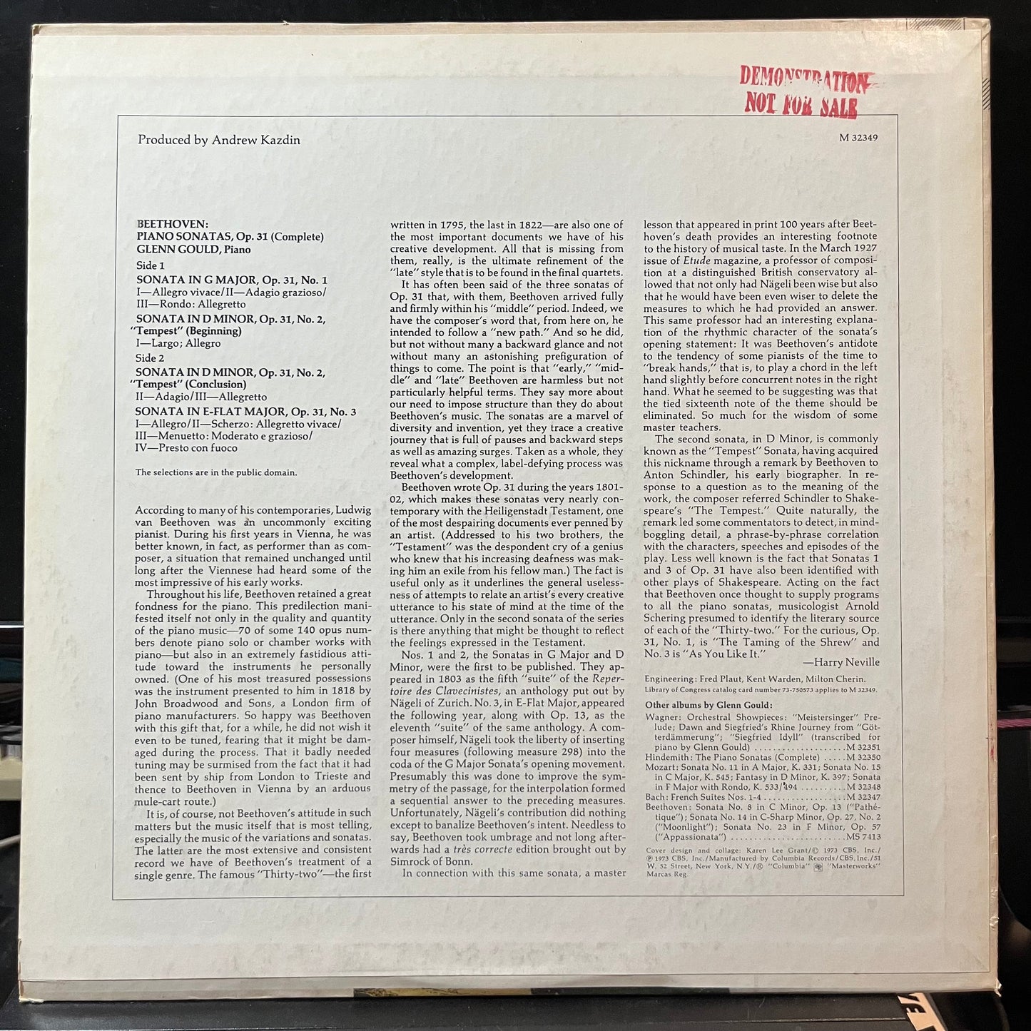 Beethoven* / Glenn Gould - Piano Sonatas, Op. 31, Complete: No. 1 In G / No. 2 In D Minor, "Tempest" / No. 3 In E-Flat (PROMO VINYL LP COLUMBIA MASTERWORKS M 32349 1973) | USED Near Mint (NM or M-) Near Mint- (NM-)-