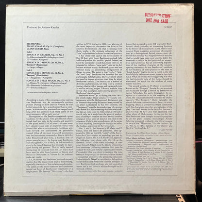 Beethoven* / Glenn Gould - Piano Sonatas, Op. 31, Complete: No. 1 In G / No. 2 In D Minor, "Tempest" / No. 3 In E-Flat (PROMO VINYL LP COLUMBIA MASTERWORKS M 32349 1973) | USED Near Mint (NM or M-) Near Mint- (NM-)-