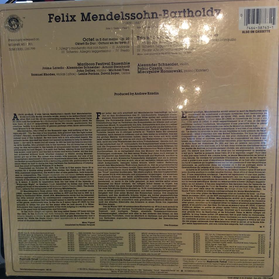 Felix Mendelssohn-Bartholdy - Mendelssohn Octet In E-flat Major, Op. 20 / Trio No. 1 In D Minor (VINYL) | Near Mint (NM) Near Mint (NM)-