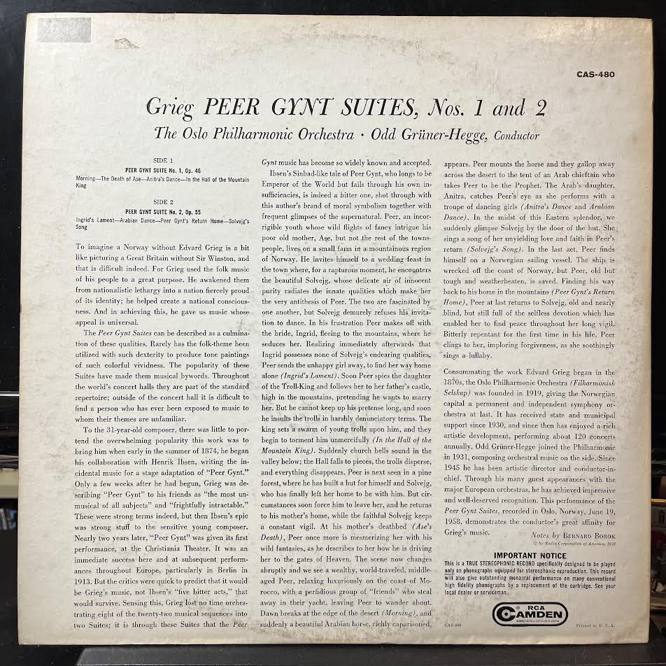 Edvard Grieg - Peer Gynt Suites, Nos. 1 And 2 (VINYL) | Near Mint (NM) Excellent+ (EX+)-