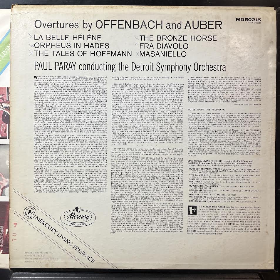 Paul Paray - Overtures By Offenbach & Auber (VINYL) | Near Mint (NM or M-) Excellent (EX)-