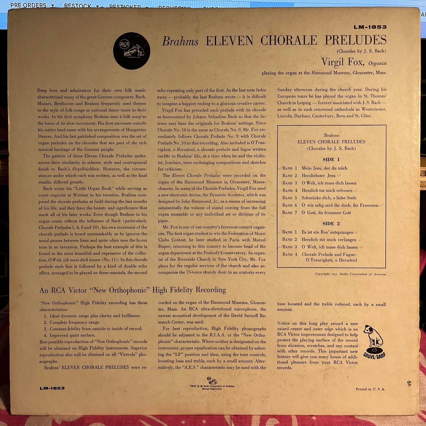 Johannes Brahms - Eleven Chorale Preludes (Complete) | Very Good Plus (VG+) Very Good Plus (VG+)-