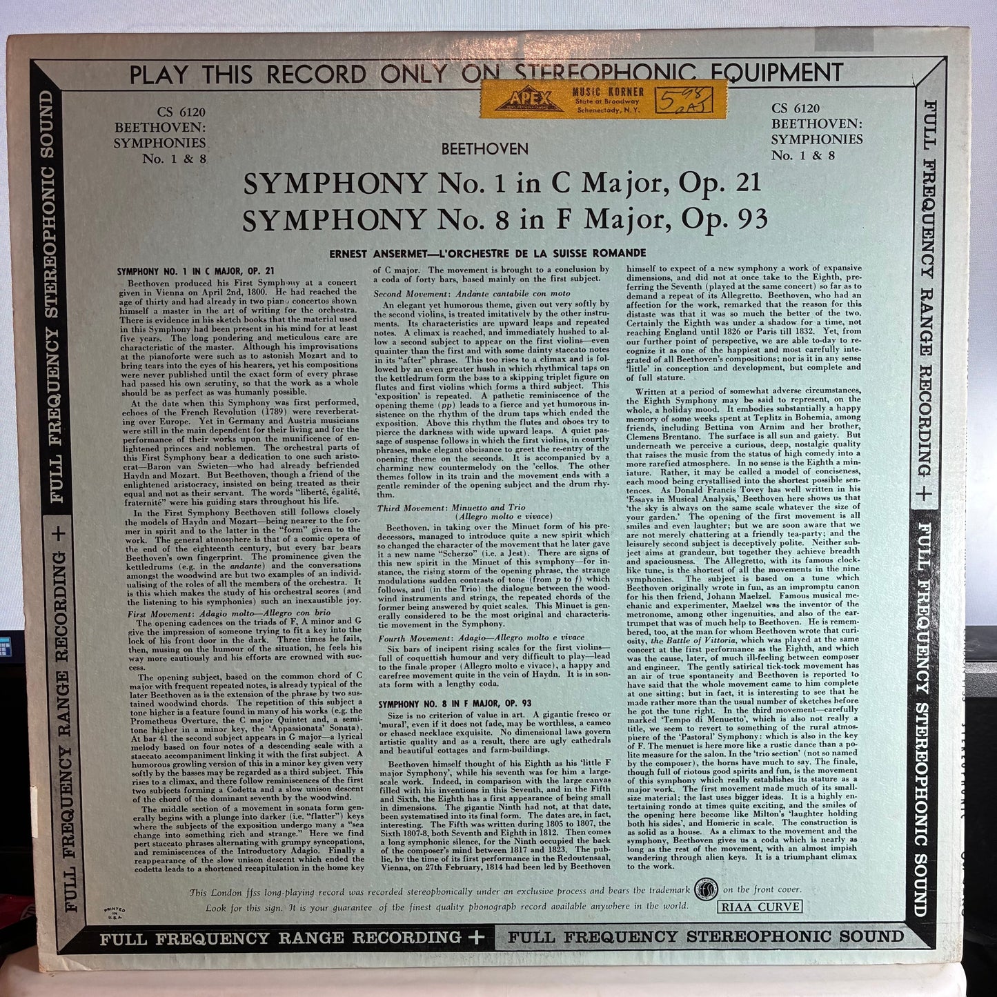 Ludwig van Beethoven - Symphony No. 1 In C Major Op. 21 / Symphony No. 8 In F Major Op. 93 (VINYL) | Very Good Plus (VG+) Excellent+ (EX+)-