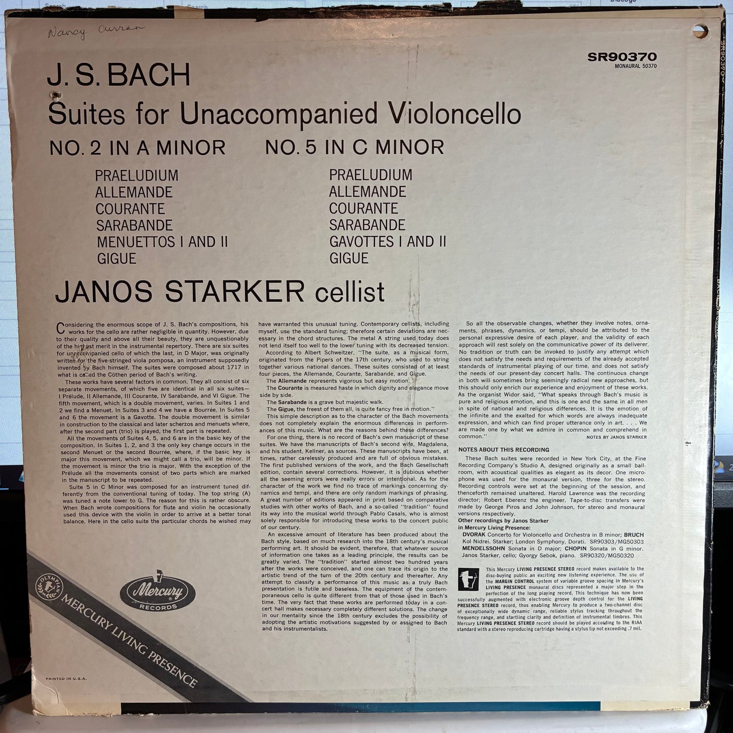 Johann Sebastian Bach - Suites For Solo Cello No.2 In D Minor No.5 In C Minor (VINYL) | Very Good (VG) Very Good (VG)-