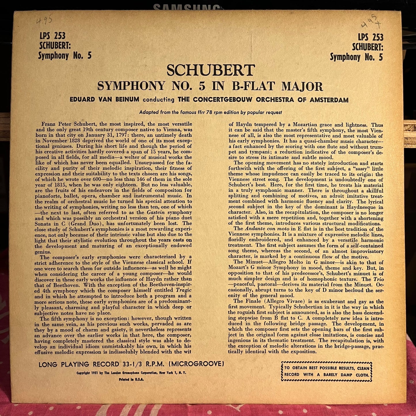 Franz Schubert - Schubert Symphony No. 5 in B. Flat Major 10" | Very Good (VG) Excellent (EX)-