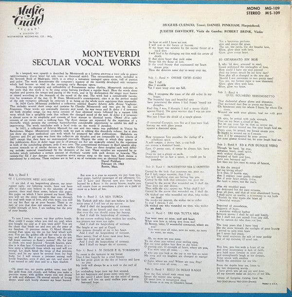 Claudio Monteverdi, Hugues Cuénod, Daniel Pinkham, - Secular Vocal Works | Very Good Plus (VG+) Near Mint (NM)-