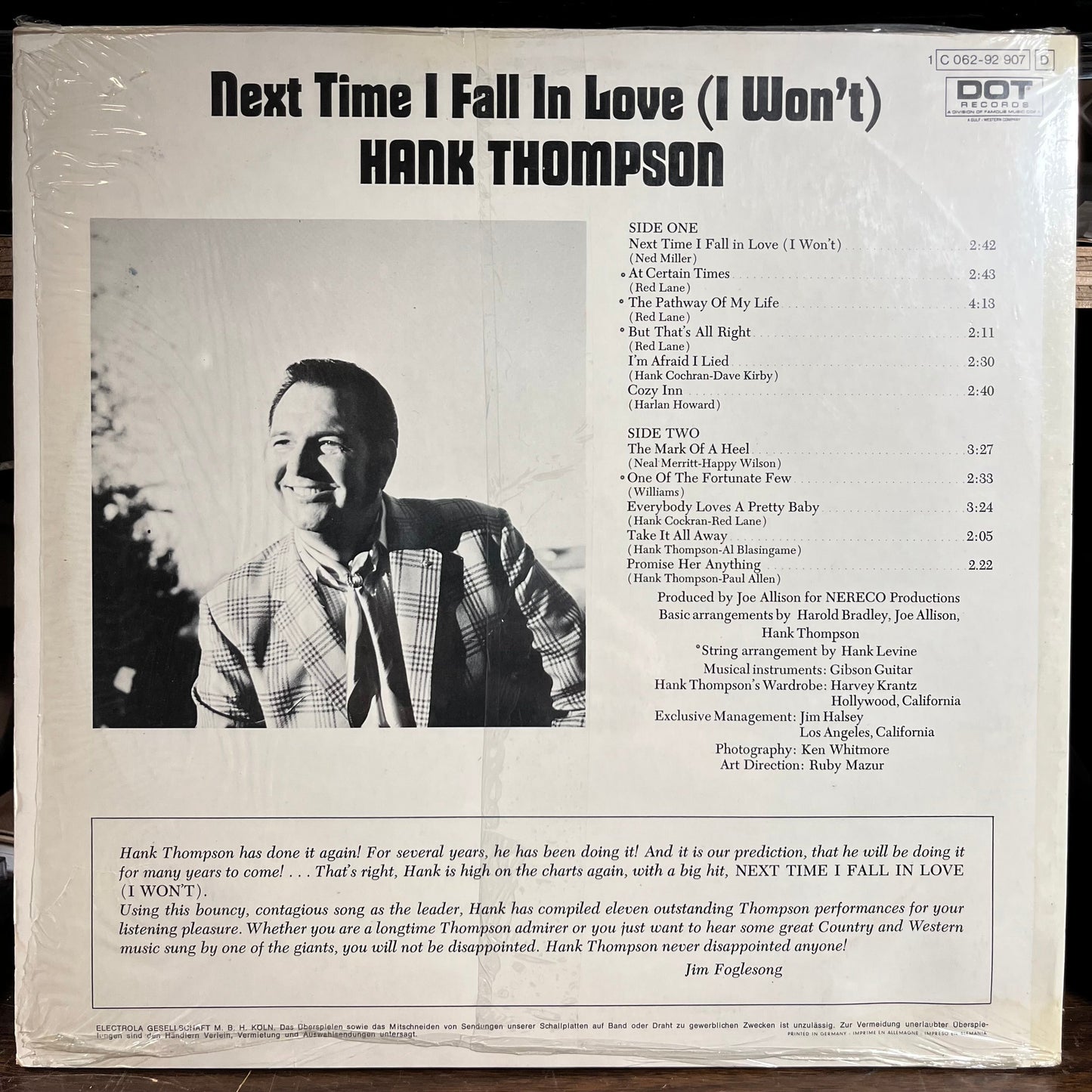 Hank Thompson - Next Time I Fall In Love (I Won't) (GERMAN VINYL) | Excellent+ (EX+) Near Mint (NM)-