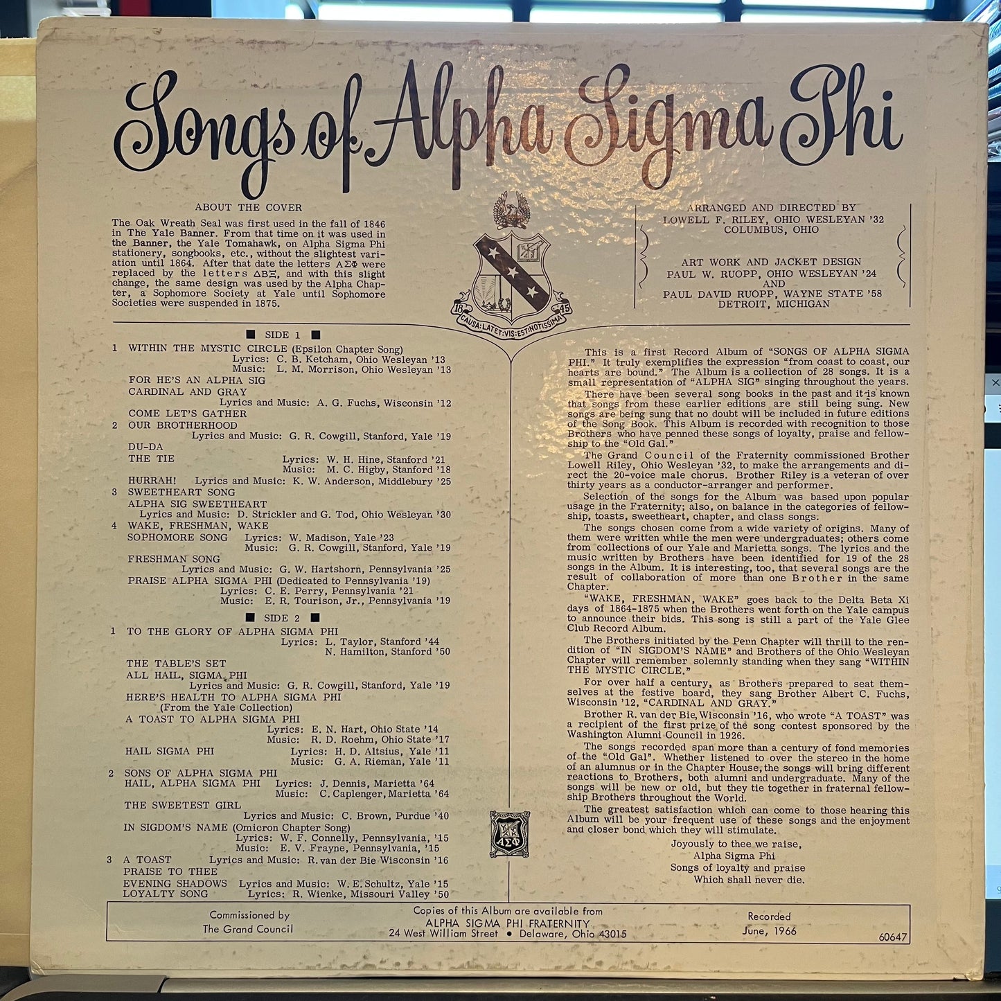 Alpha Sigma Phi - Songs Of Alpha Sigma Phi | Excellent (EX) Very Good Plus (VG+)-