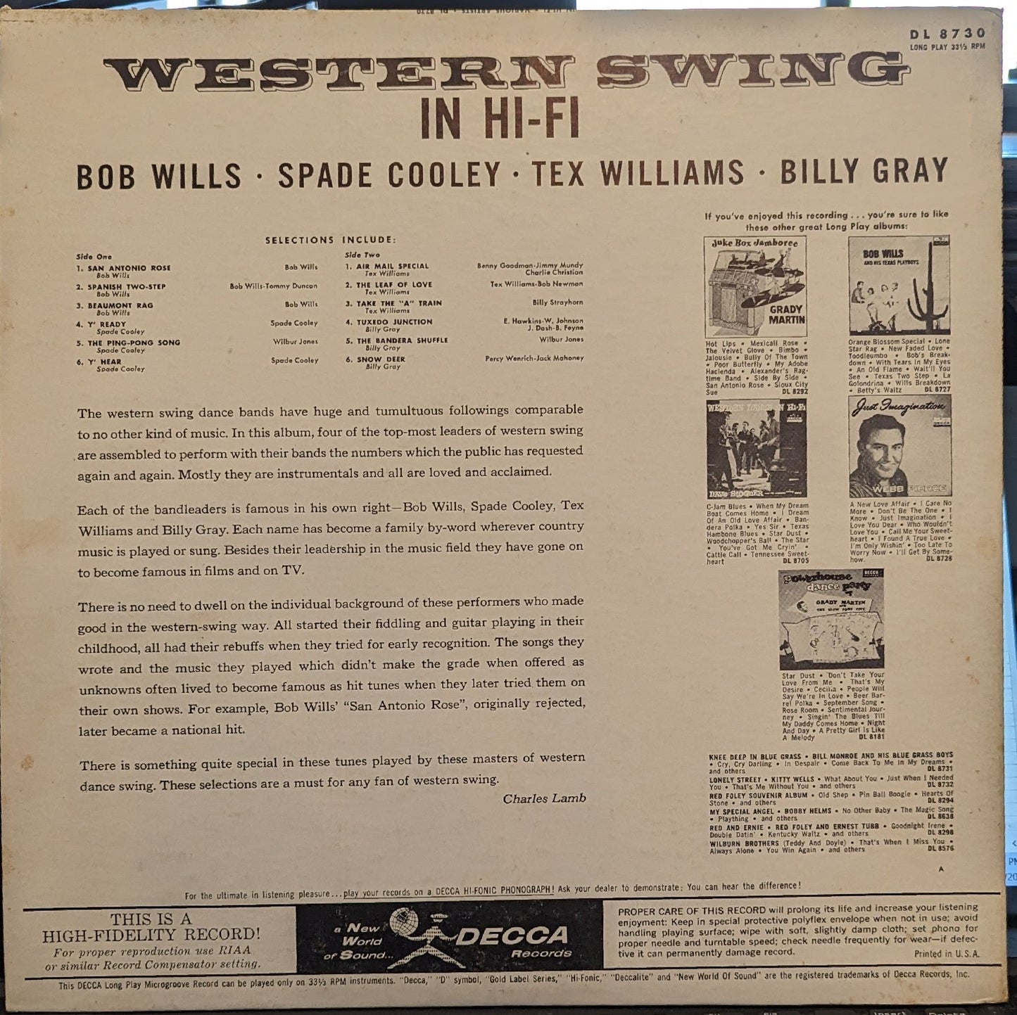 Bob Wills - Western Swing In Hi-Fi *MONO* | Good Plus (G+) Excellent (EX)-