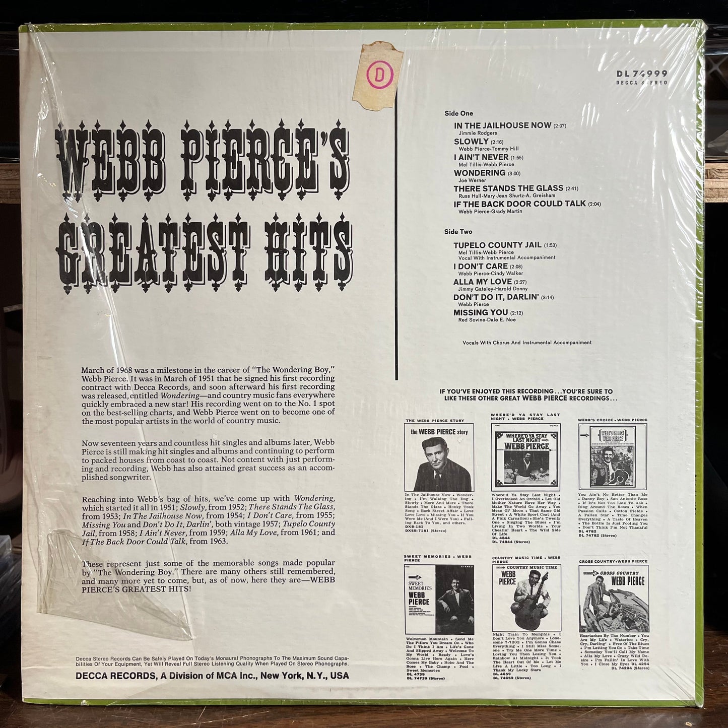 Webb Pierce - Webb Pierce's Greatest Hits (VINYL) | Near Mint (NM) Near Mint (NM)-