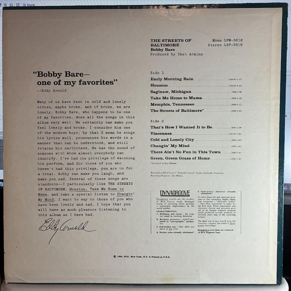 Bobby Bare - The Streets Of Baltimore (VINYL) | Very Good Plus (VG+) Excellent (EX)-