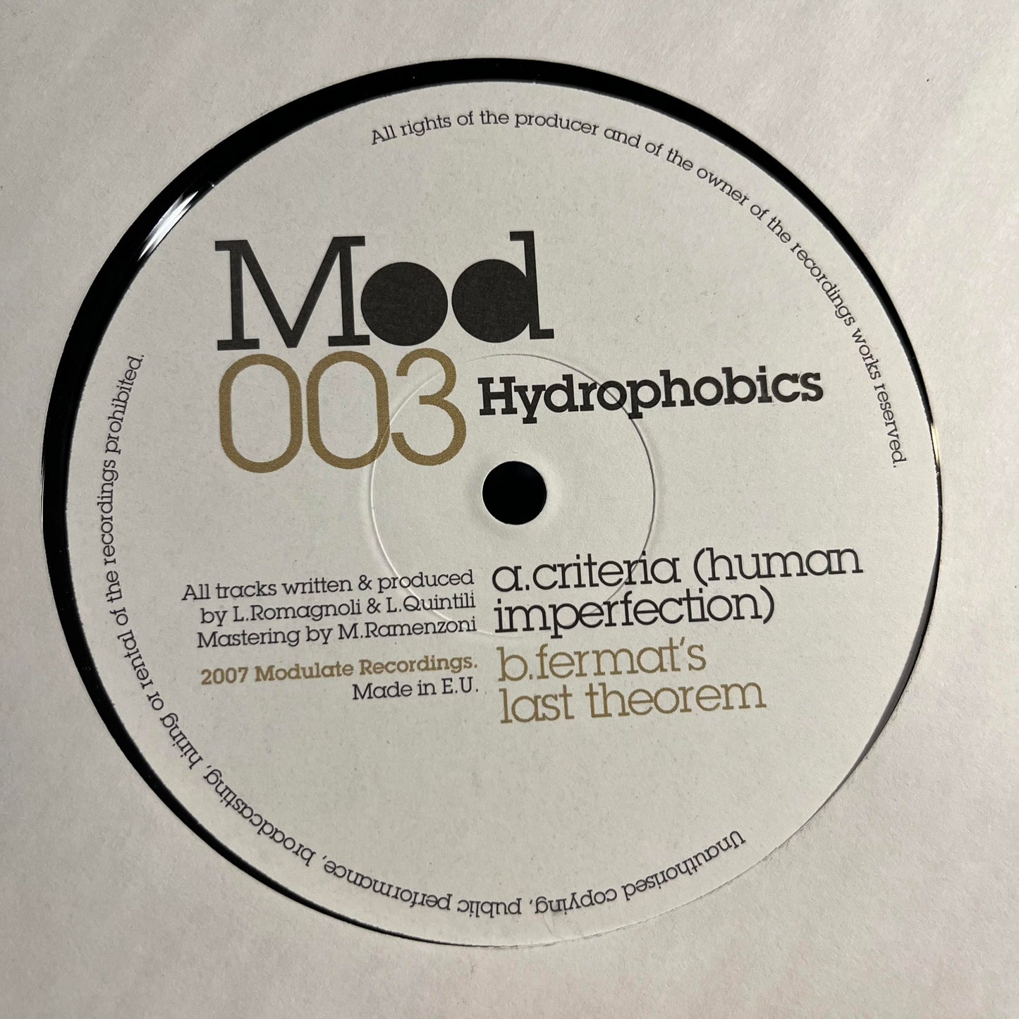 Hydrophobics - Criteria (Human Imperfection) / Fermat's Last Theorem | Near Mint (NM) Generic-