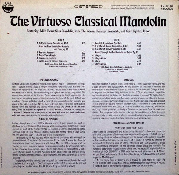 Edith Bauer-Slais With The Vienna Chamber Ensemble - The Virtuoso Classical Mandolin | Very Good Plus (VG+) Very Good Plus (VG+)-