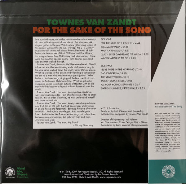Townes Van Zandt - For The Sake Of The Song (VMP VINYL) | Mint (M) Mint (M)-