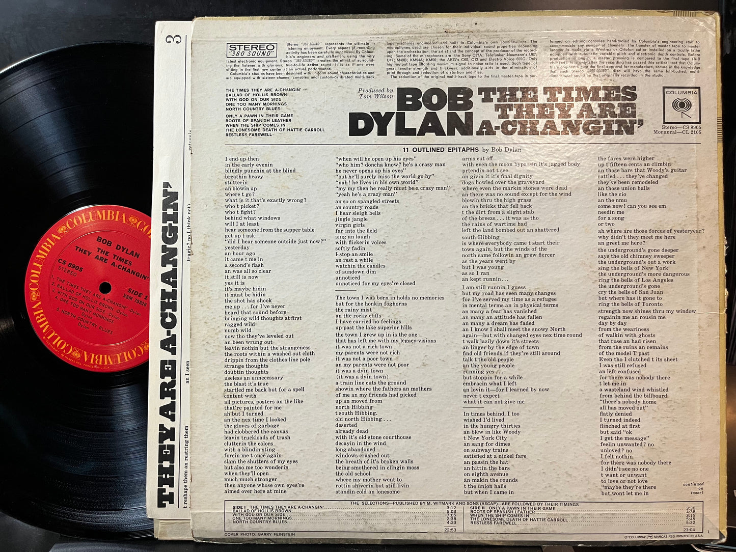Bob Dylan - The Times They Are A-Changin' (VINYL LP) | Excellent+ (EX+) Very Good Plus (VG+)-