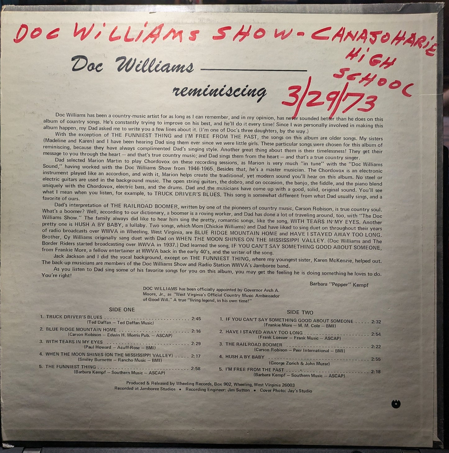 Doc Williams - Reminiscing (VINYL) | Very Good (VG) Very Good Plus (VG+)-