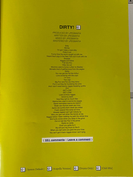 JPEGMAFIA - LP! (YELLOW VINYL) | Mint (M) Mint (M)-