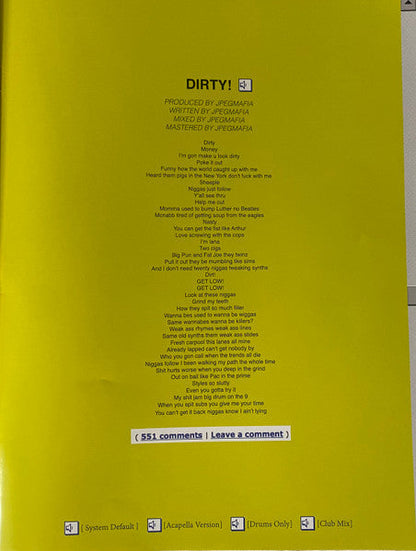 JPEGMAFIA - LP! (YELLOW VINYL) | Mint (M) Mint (M)-