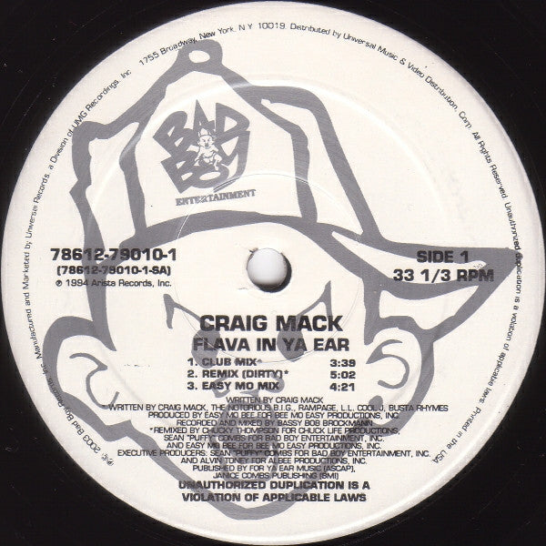 Craig Mack - Flava In Ya Ear (VINYL 12" BAD BOY ENTERTAINMENT 78612-79010-1 2003) | USED Very Good Plus (VG+) Near Mint (NM)-