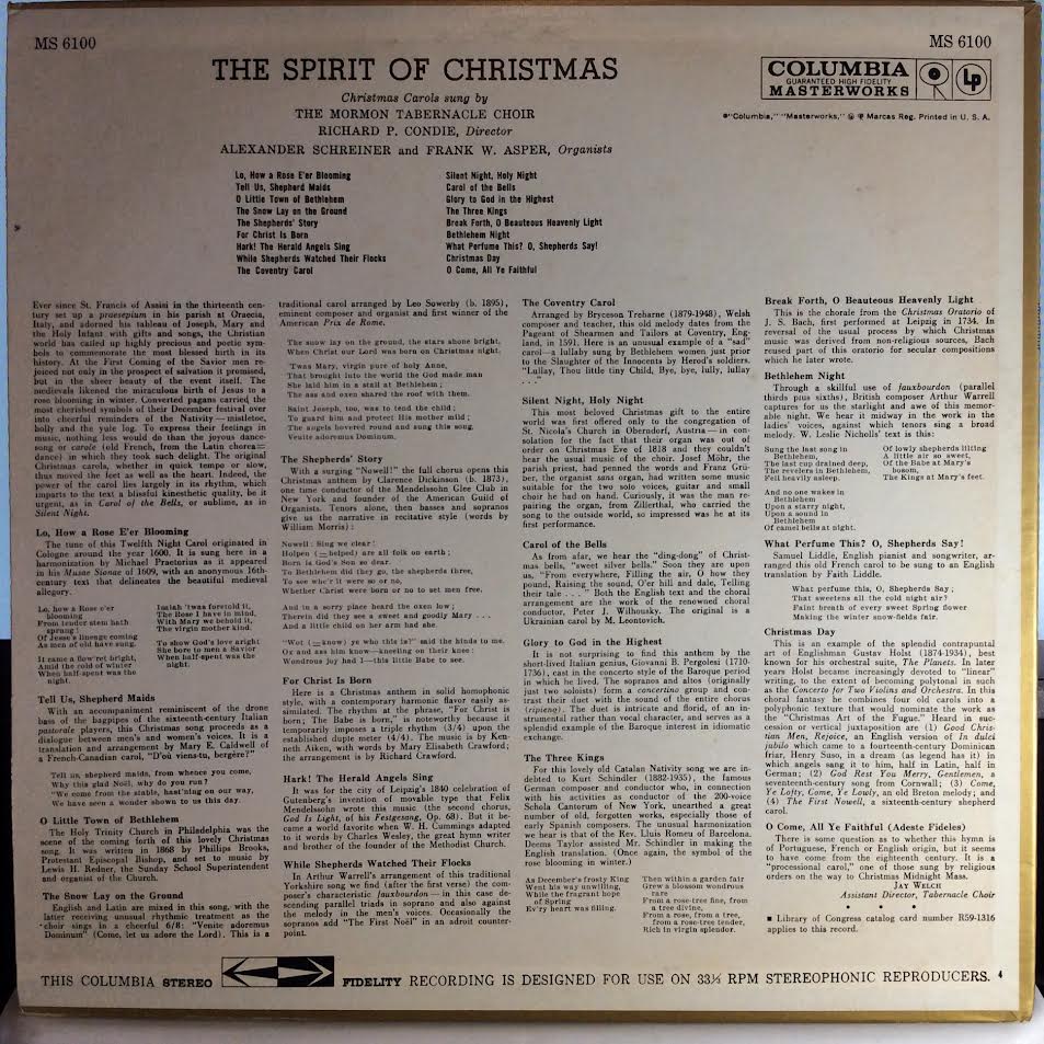 Mormon Tabernacle Choir - The Spirit Of Christmas: Christmas Carols Sung By The Mormon Tabernacle Choir (VINYL) | Near Mint (NM) Near Mint (NM)-