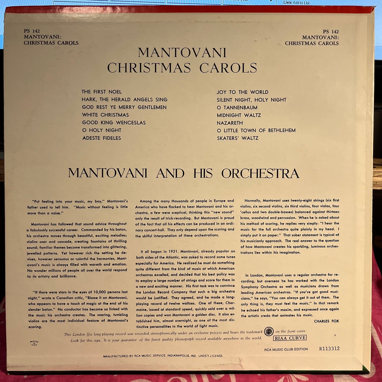 Mantovani And His Orchestra - Christmas Carols *CLUB* | Near Mint (NM) Very Good Plus (VG+)-