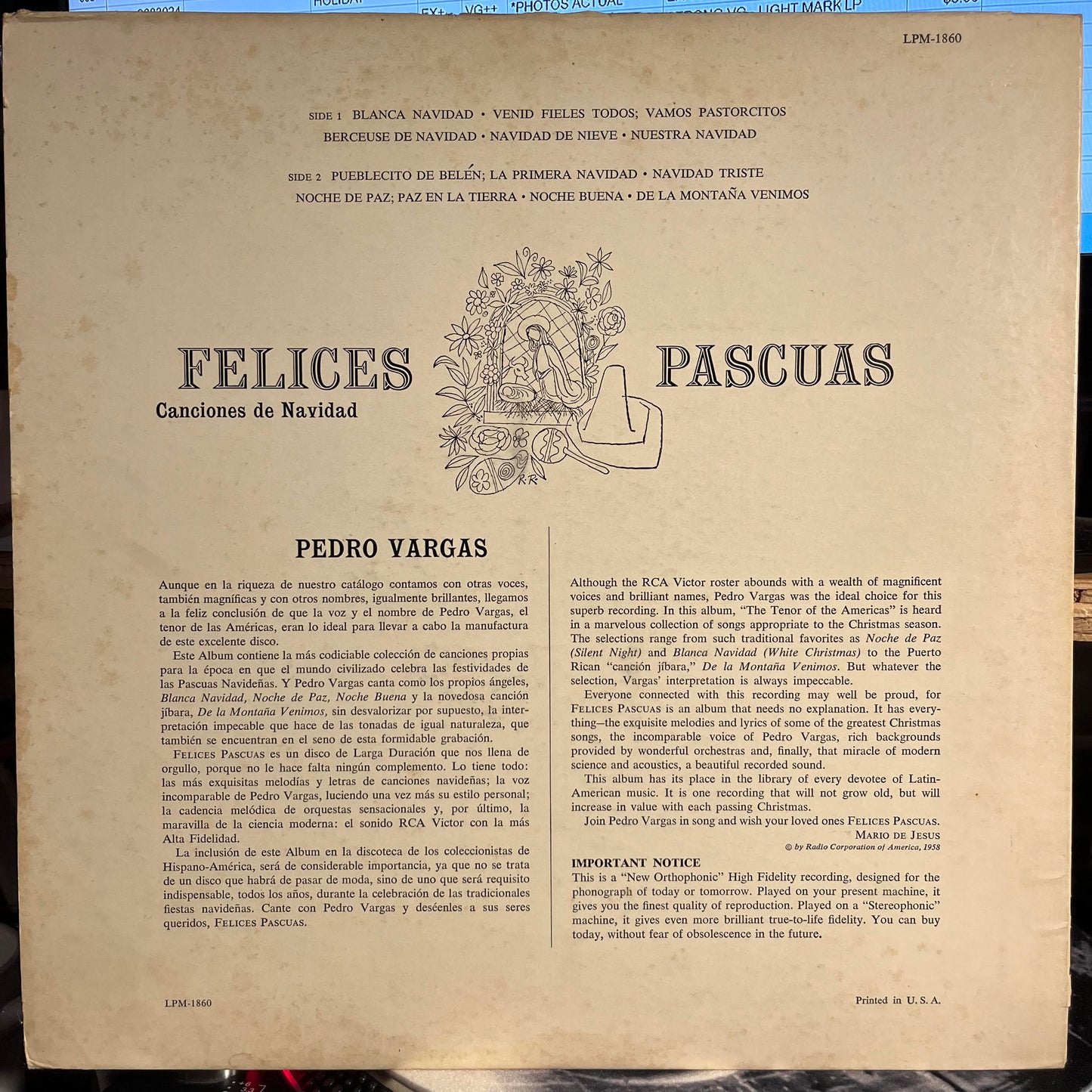 Pedro Vargas - Felices Pascuas - Canciones De Navidad por Pedro Vargas | Very Good (VG) Excellent (EX)-