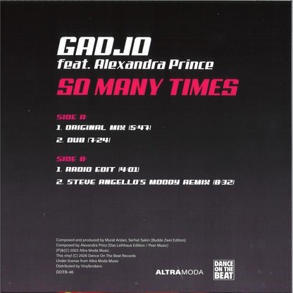 Gadjo feat. Alexandra Prince - So Many Times (PINK VINYL 12" Dance On The Beat DOTB-46) | NEW Mint (M) Mint (M)-