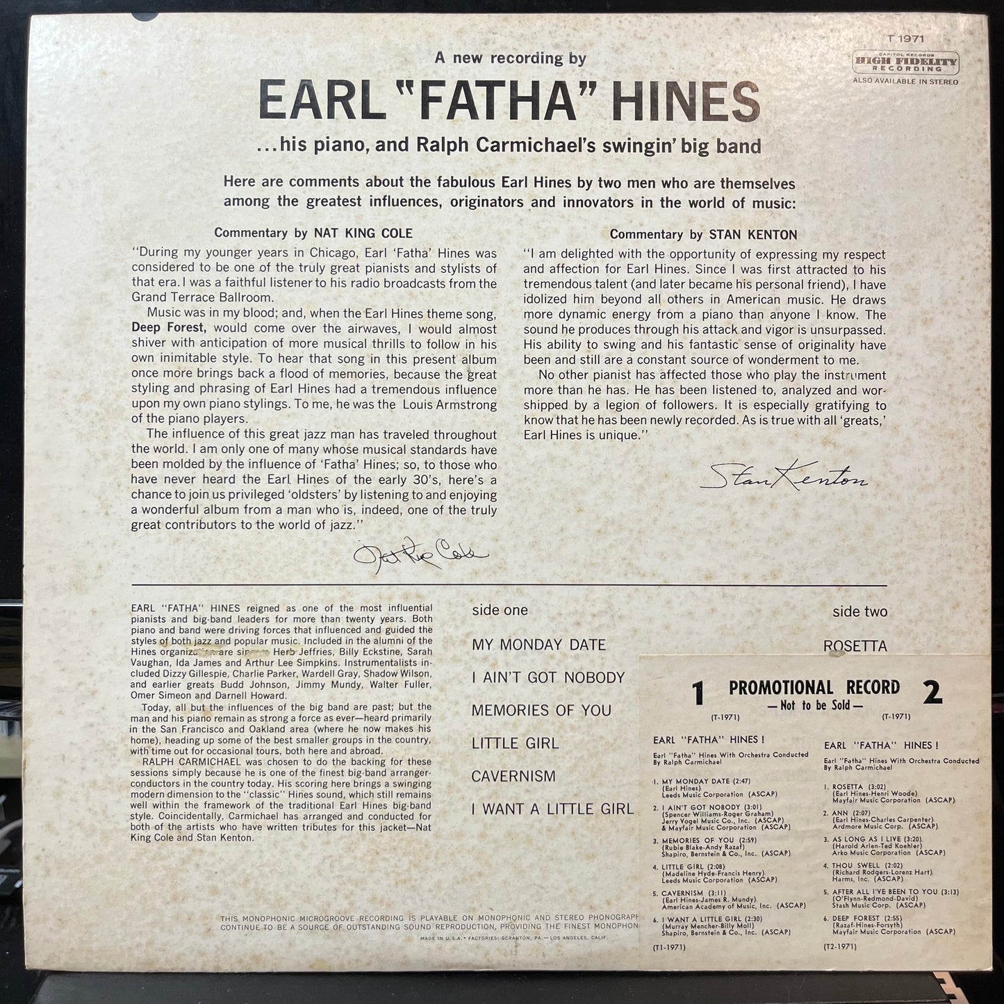 Earl Hines With Ralph Carmichael's Swingin' Big Ba - Earl "Fatha" Hines! (VINYL LP CAPITOL T-1971 1963) | USED Excellent (EX) Excellent (EX)-