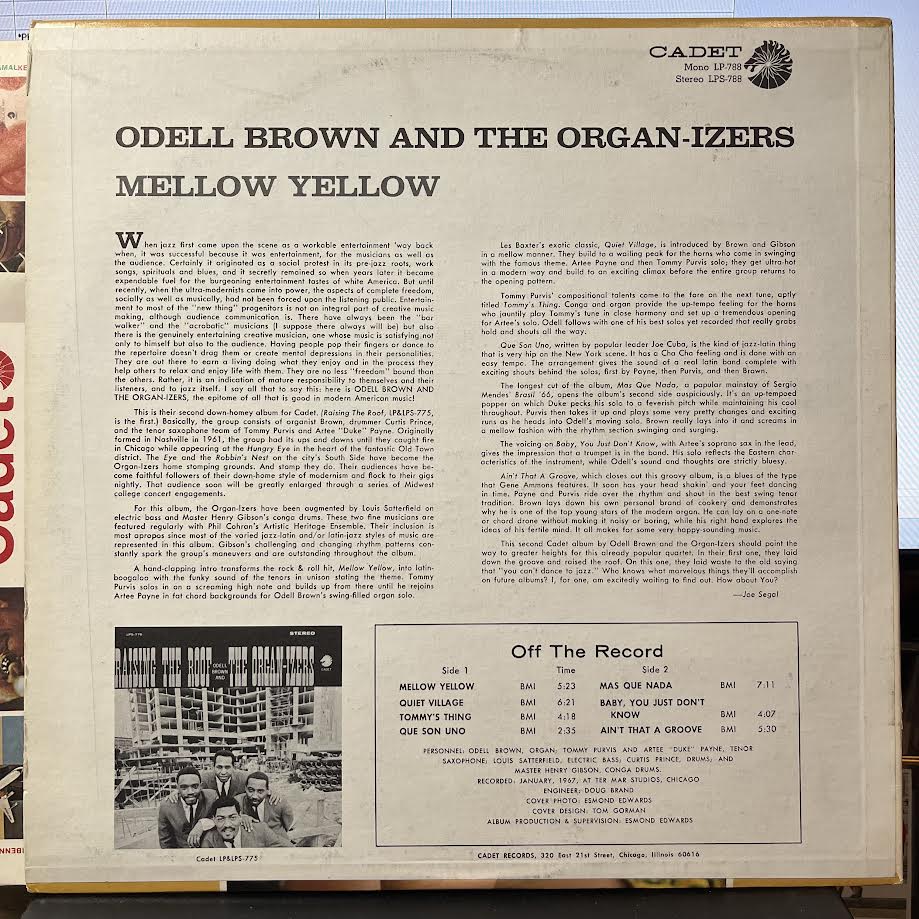 Odell Brown & The Organ-izers - Mellow Yellow (VINYL) | Near Mint (NM) Excellent+ (EX+)-
