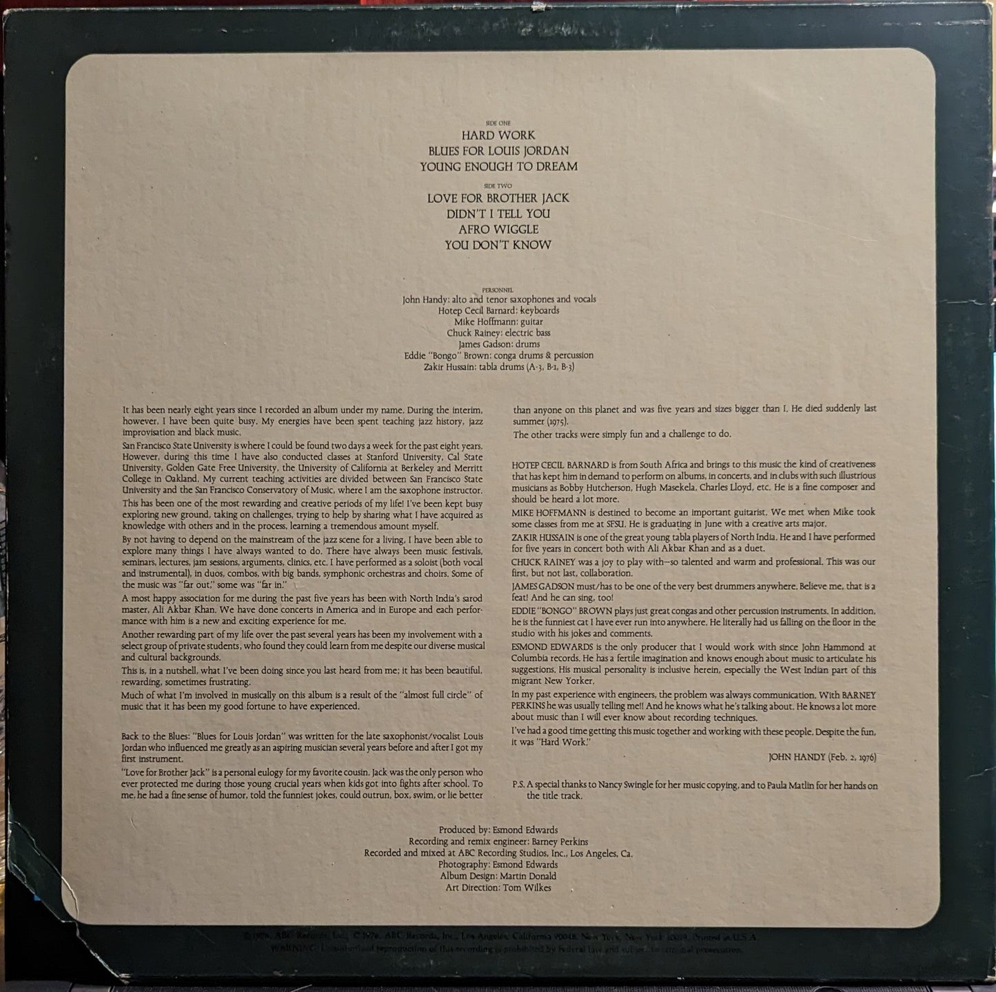 John Handy - Hard Work *TERRE HAUTE/PROMO* | Near Mint (NM) Excellent (EX)-