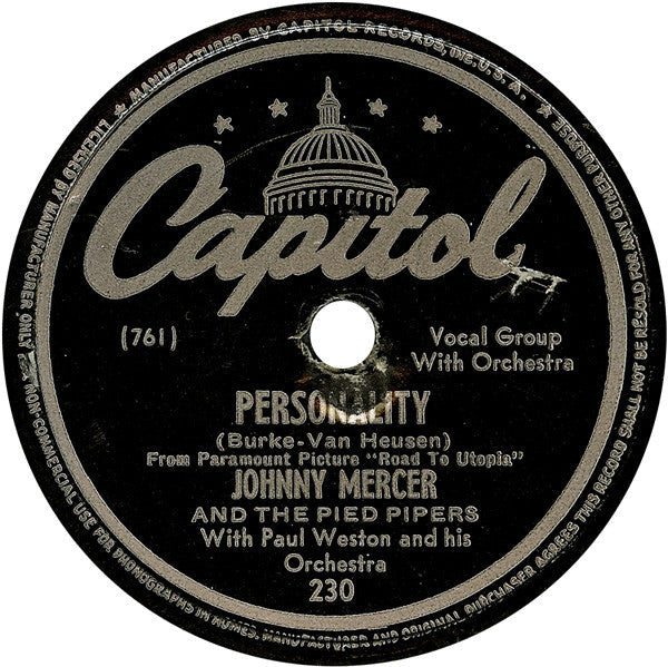 Johnny Mercer - Personality / If I Knew Then (10" 78RPM RECORD) | Very Good Plus (VG+) Generic-