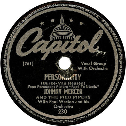 Johnny Mercer - Personality / If I Knew Then (10" 78RPM RECORD) | Very Good Plus (VG+) Generic-