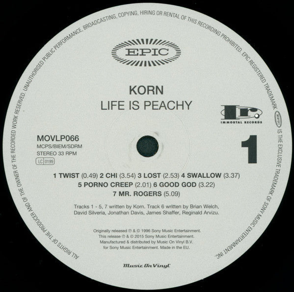Korn - Life Is Peachy (180G VINYL LP) | Near Mint (NM or M-) Near Mint (NM)-