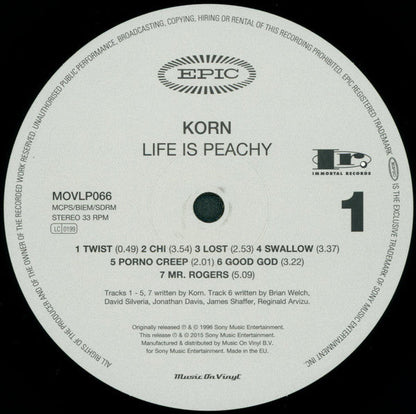 Korn - Life Is Peachy (180G VINYL LP) | Near Mint (NM or M-) Near Mint (NM)-