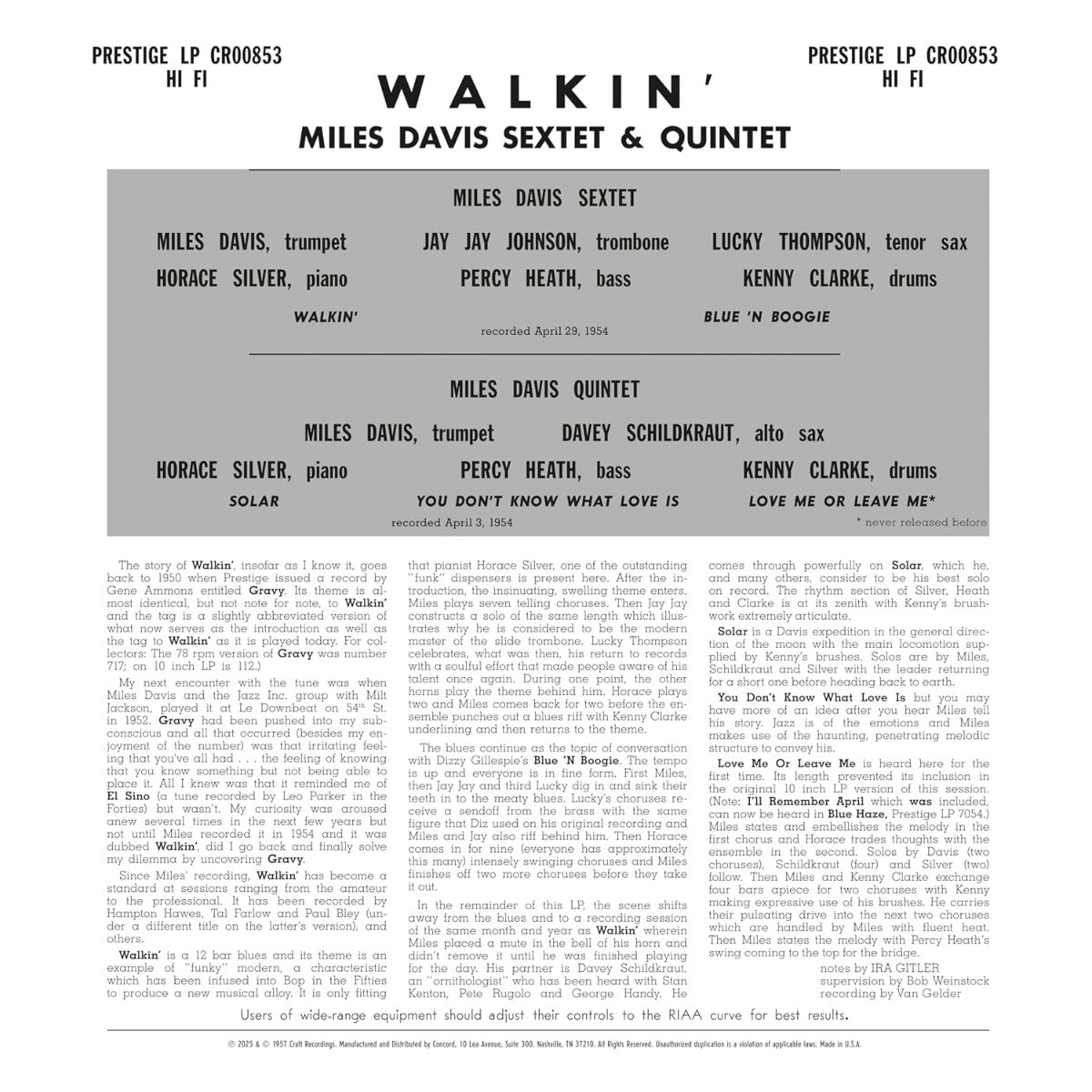 Miles Davis All Stars - Walkin' (Original Jazz Classics Series) (180g VINYL) | Mint (M) Mint (M)-