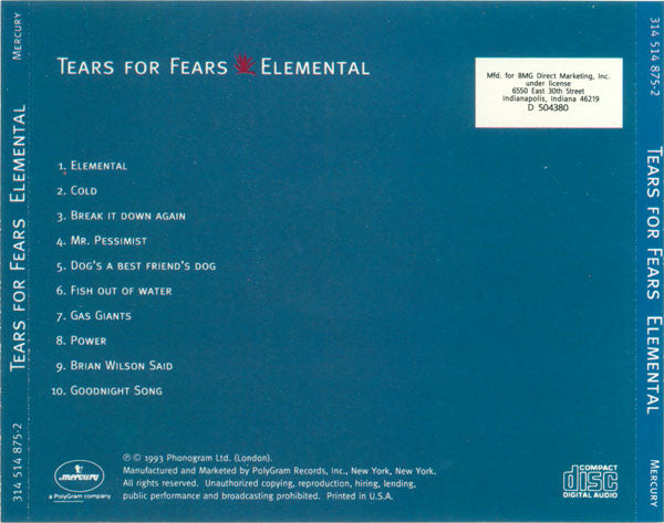 Tears For Fears - Elemental (CD) | Near Mint (NM) Near Mint (NM)-